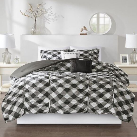 Fall/Winter "Caroline" Ruched Gingham Print Duvet Set with 2 Shams ~ Full/Queen - Picture 1 of 13
